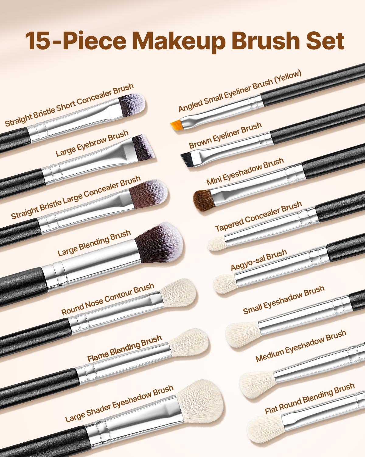 Professional 15-Piece Makeup Brush Set - Premium Synthetic Bristles for Foundation & Eyeshadow - Ships from USA