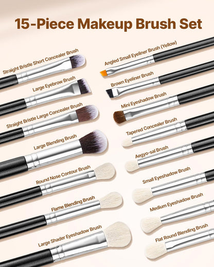 Professional 15-Piece Makeup Brush Set - Premium Synthetic Bristles for Foundation & Eyeshadow - Ships from USA